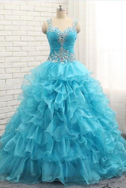Blue Organza Sweetheart Quinceanera Dresses,long Crystal Ruffles Prom Gowns M231