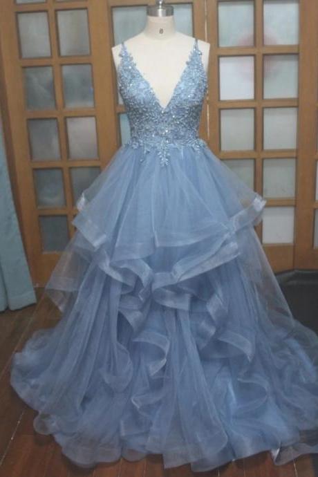 Blue Straps Layers V-neckline Lace Applique Formal Dress, Blue Gown Party Dress M232