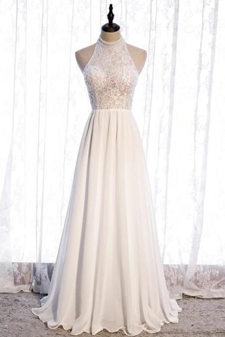 White Chiffon And Lace Beaded Halter A-line Prom Dress, Style Party Dress M235