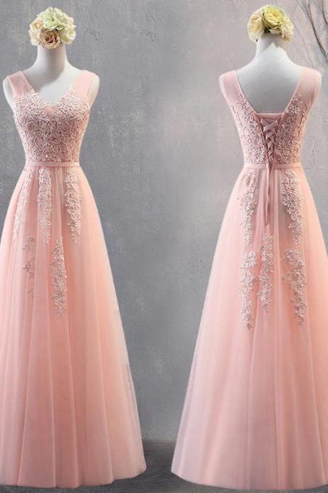 Charming Pearl Pink Tulle Simple Party Dress With Lace, V-neckline Long Formal Dress M236