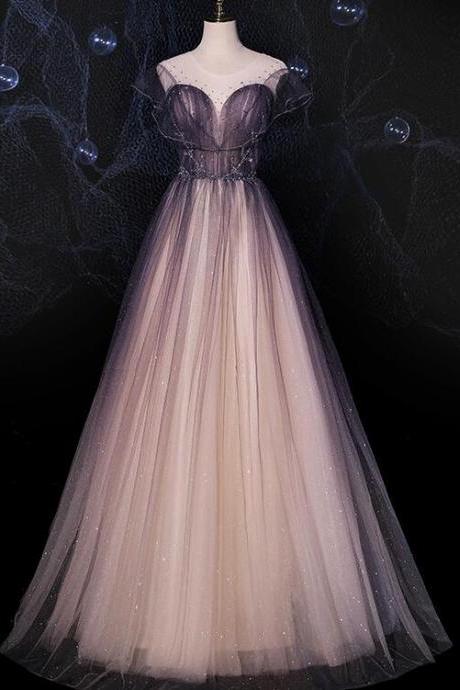 Charming Tulle Gradient Cap Sleeves Long Party Dress, A-line Evening Gown M238