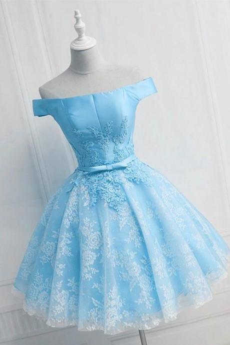 Light Blue Lace and Satin Short Party Dress, Blue Prom Dress Homecoming Dress M243
