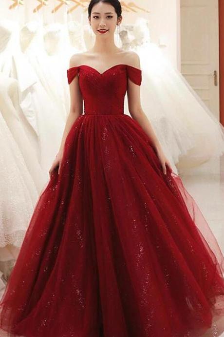 Off Shoulder Wine Red Tulle Long Party Dress, Dark Red Sweetheart Prom Dress M244