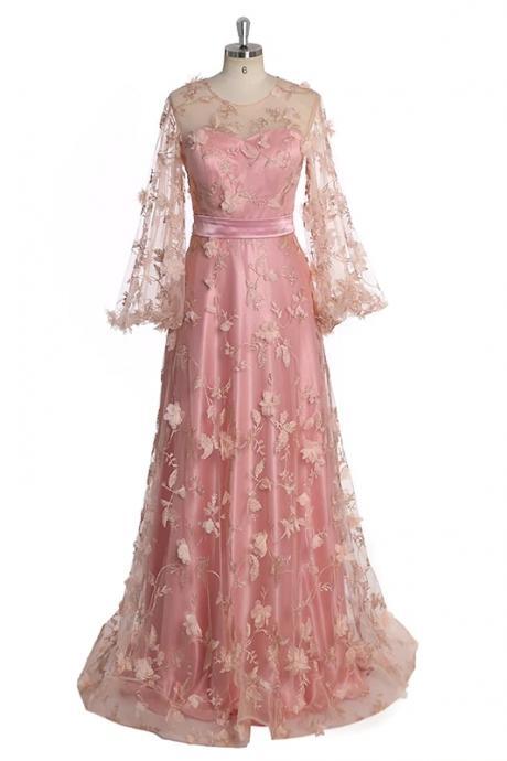Charming Pink Floral Tulle Long Sleeves Wedding Party Dress, Pink Prom Dress M250