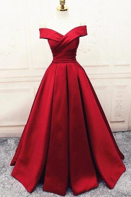 Fashionable Dark Red Satin Simple Off Shoulder Prom Dress, Red Party Dress Evening Dress M251