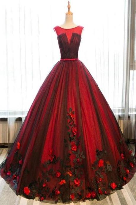 Unique Red And Black Tulle Ball Gown Flowers Sweet 16 Dress, Red Formal Gown M253