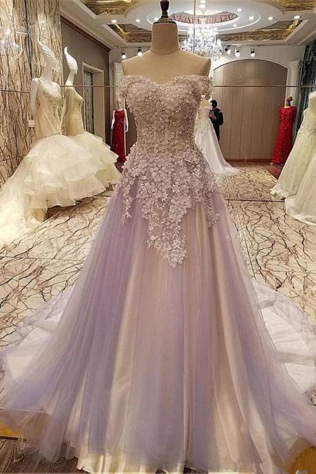 Charming Light Purple Tulle Sweeteart Flowers Long Formal Dress, Purple Prom Dress M254