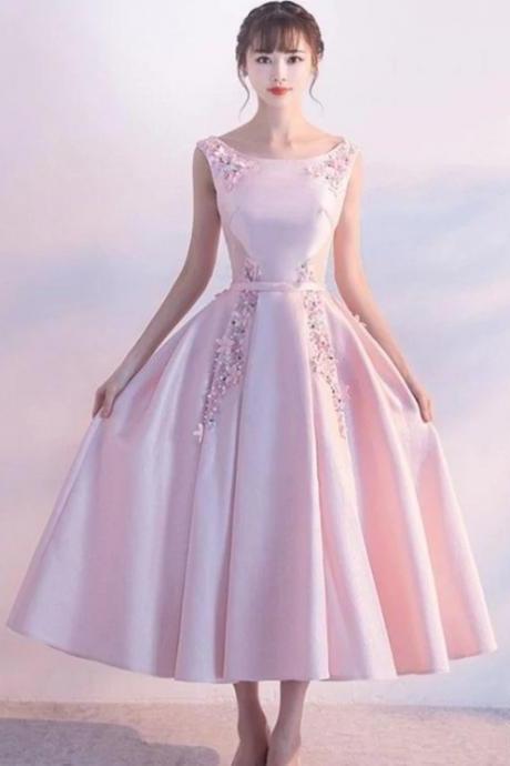 Chic Pink Satin And Lace Bridesmaid Dress With Beadings, Pink Tea Length Prom Dress M255