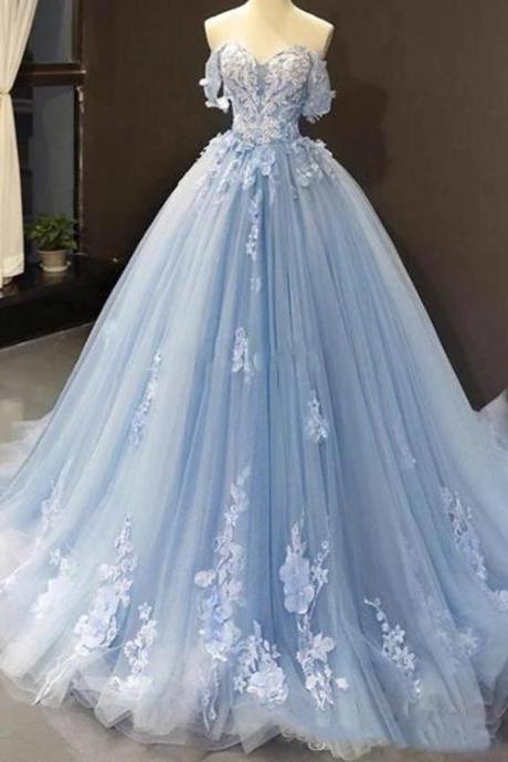 Blue Sweetheart Off Shoulder With Lace Applique Party Dress, Blue Sweet Dress M256