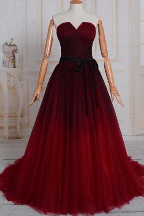 Uniuqe Black And Red Gradient Tulle Prom Dress, A-line Long Evening Gown M257