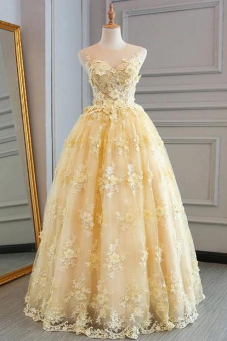 Gorgeous Yellow Lace Applique Long Prom Dress, A-line Evening Dress Party Dress M260