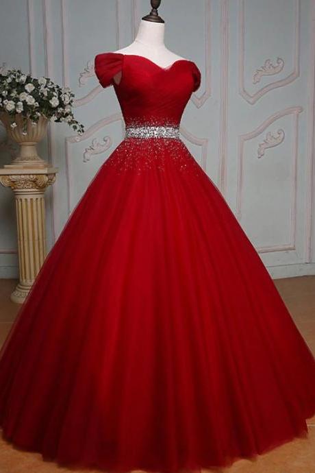 Wine Red Ball Gown Off Shoulder Beaded Party Dress, Tulle Off Shoulder Prom Dress M264