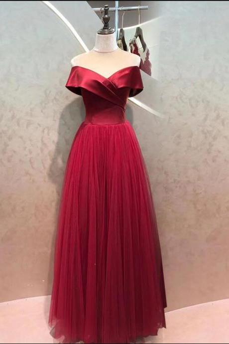 Wine Red Satin With Tulle Skirt Long Formal Dress, Off Shoulder A-line Prom Dress M266
