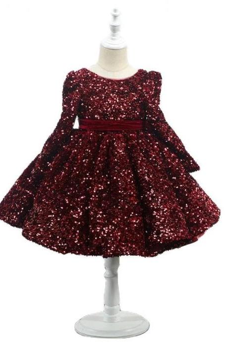 New Custom Formal Sequin Burgundy Baby Velvet Full Sleeves Short Flower Girl Dress Knee Length Girls Bow Puffy First Communion Gowns Fl01
