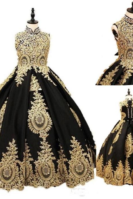 Cute Luxurious Black And Gold Lace Flower Girls Dress High neck With Corset Back Crystal Designer Girl First Communion Pageant Gown Fl002
