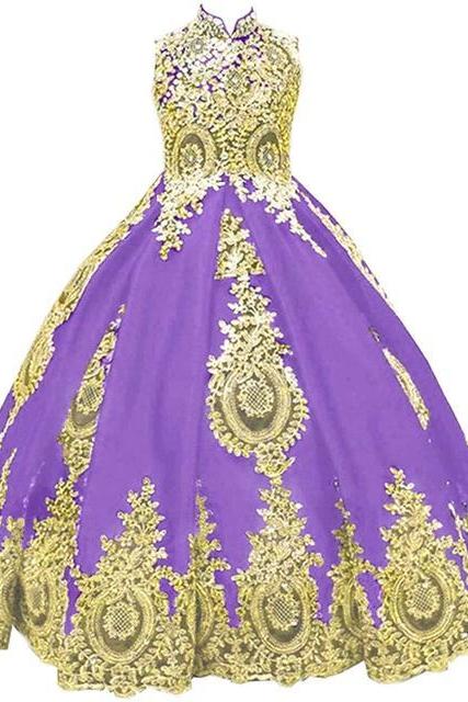 New Luxurious Light Purple And Gold Lace Flower Girls Dress High neck With Corset Back Crystal Designer Girl First Communion Pageant Gown Fl003
