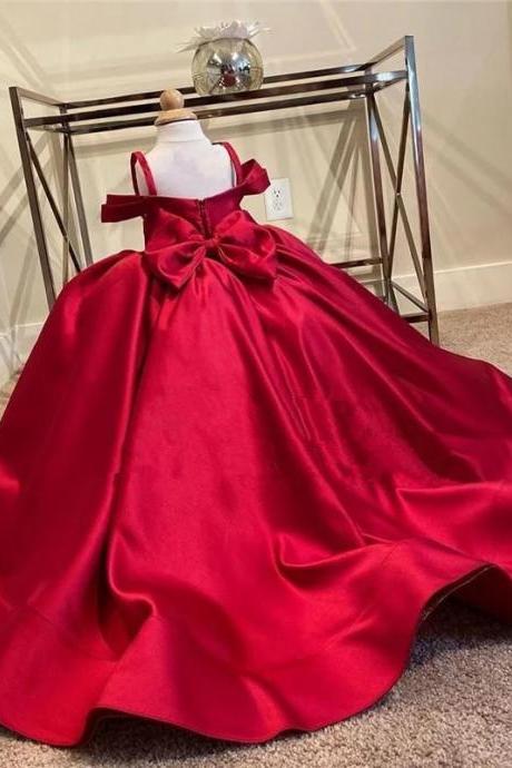 Cute New Red Stain Spaghetti Straps Flower Girls Dress For Wedding With Long Train First Holy communion Pageant Party Gown with Big Bows FL009
