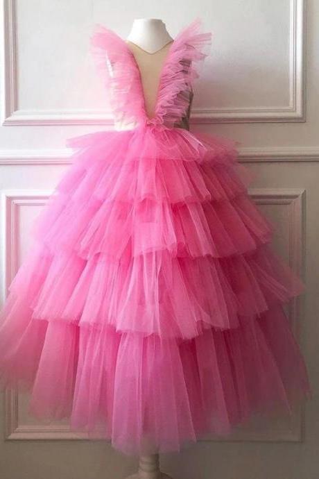 Custom Made Pink Ruffles Flower Girls Dresses for Weddings Baby Party Real Images Kids Photoshoot Baby Birthday Gowns FL010
