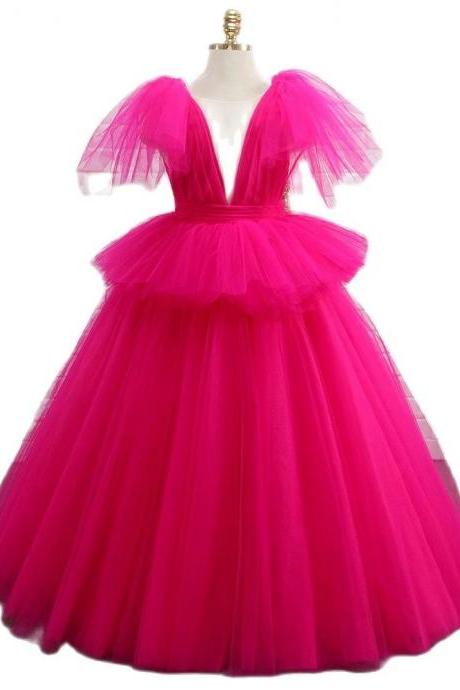Custom Pink Flower Girl Dresses Tulle Layers First Communion Kids Dresses Puff sleeves Bow Knot Girl Wedding Little Bride Gowns Fl012
