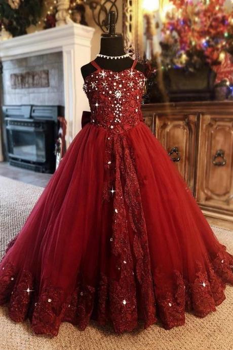Cute New Red Flower Girl Dress Spaghetti Rhinestone Applique Wedding Party Tulle Ball Gown Sleeveless Floor Length Princess Girl Dresses FL014
