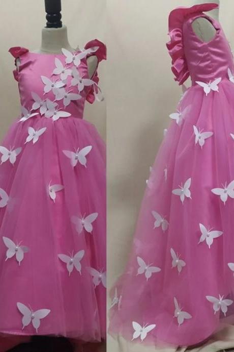 Hand Made Butterfly PearlsFlower Girl Dresses for Wedding Elegant Birthday Dress Short Sleeve Ball Gown TUTU Cute Princess Kids Gown FL016
