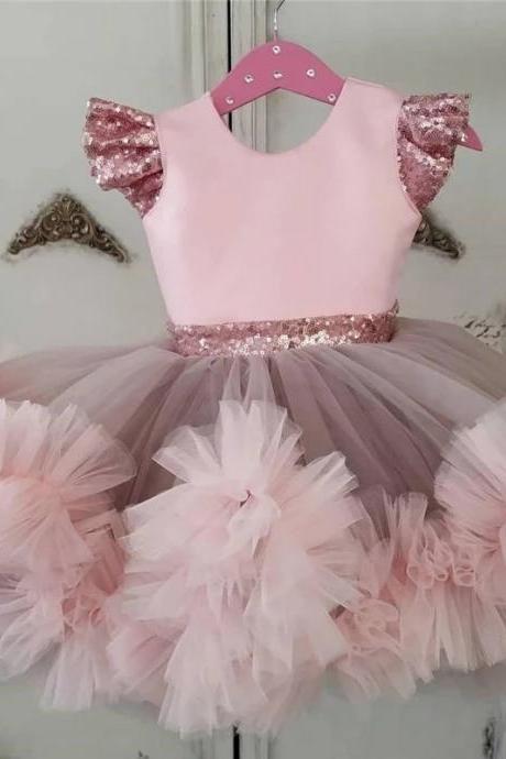 Custom Made Pink Baby Girls Dresses Knee Length Puffy Toddler Infant Birthday Gowns Tutu Flower Girl Dresses With Sequin Bows FL017
