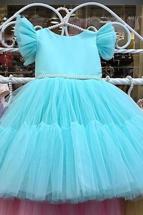 New Bohemian Blue Flower Girl Dresses For Wedding With Pearls KIds Pageant Cake Birthday Party Gowns First Holy Communion Customes Fl021
