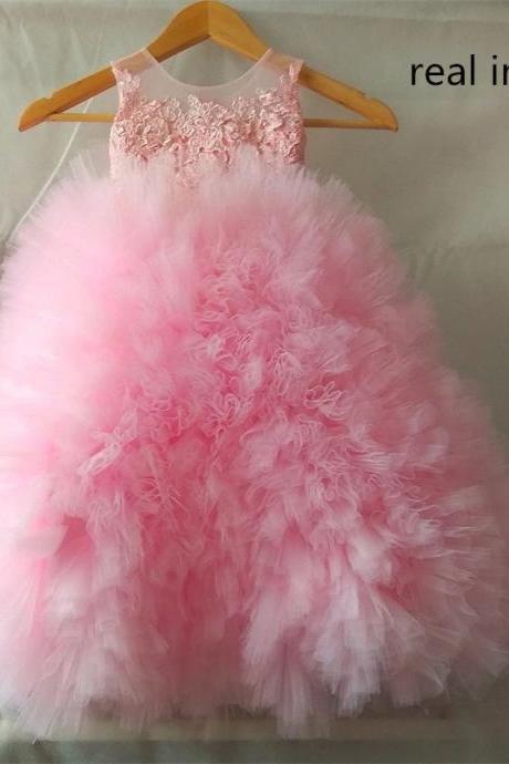 Custom Pink Tiered Lace Princess Flower Girl Dresses for Wedding Kids Children First Communion Ball Gowns Party Pageant Wear for Girl FL023
