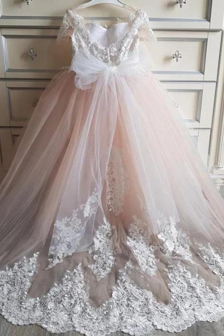 Custom Cute New Flower Girl Dresses with Long Train O-neck with Lace Wedding Gowns for Kids Birthday Party Girl Dresses FL024
