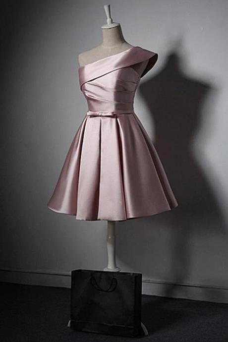 Fashionable Pink Knee Length Satin Short Prom Dress, One Shoulder Bridesmaid Dress M269