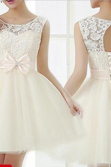 Cute Ivory Lace And Tulle Short Party Dress With Bow, Lovely Teen Formal Dress M272