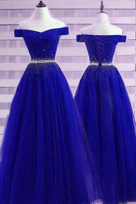 Sparkle Royal Blue Beaded Tulle A-line Long Evening Dress, Junior Prom Dress M278