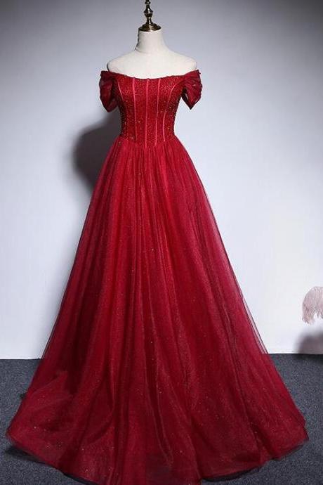 Fashionable Red Off Shoulder Beaded Floor Length Party Dress, Red Sweet Gown M286