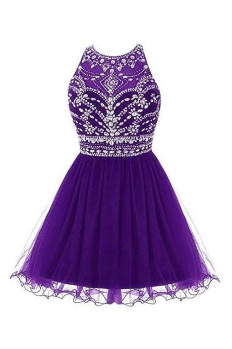 Dark Purple Beaded Tulle Homecoming Dress, Short Prom Dress M295
