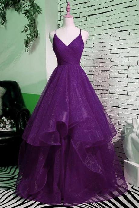 Beautiful Purple V-neckline Straps Layers Tulle Party Gown, Purple Evening Dress M306