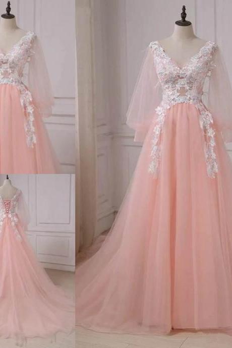 Pink Lace Applique V-neckline Long Prom Dress, Long Sleeves Fashionable Evening Gown M314