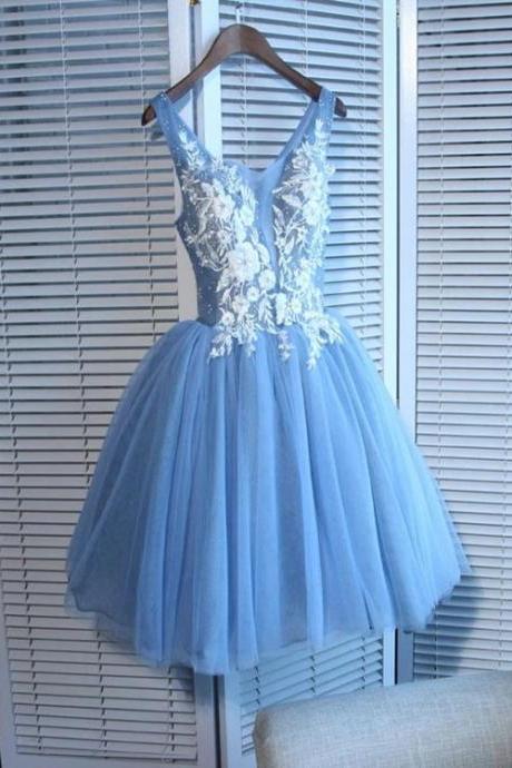 Cute Blue Tulle Short Knee Length Homecoming Dress, Blue Prom Dress M322