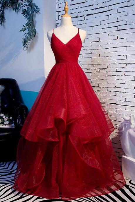 Charming Wine Red Straps Sweetehart Layers Tulle Prom Dress, Long Party Dress M330