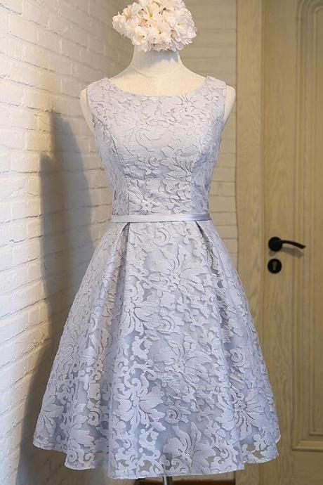 Elegant Short Lace Grey Bridesmaid Dress, Lace Homecoming Dress M336