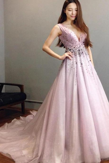 Pink Tulle V-neckline Beaded Long Party Dress, A-line V Back Prom Dress M337