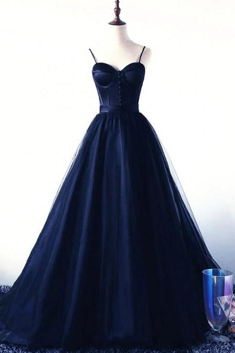 Charming Navy Blue Tulle And Satin Straps Long Party Dress, Navy Blue Prom Dress M342