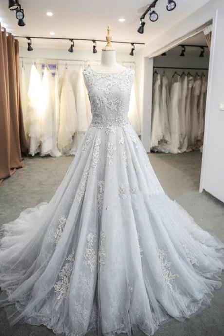 Light Sliver Grey Round Neckline Long Formal Gown, Grey Tulle Prom Dress M352
