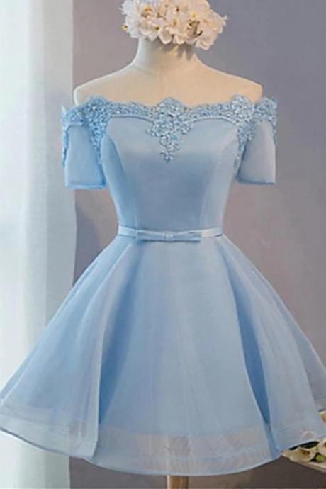 Blue Short Sleeves Lace Applique Homecoming Dress, Blue Prom Dress M354