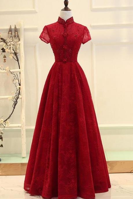 Wine Red Cap Sleeves High Neckline Long Party Dress, Lace Junior Prom Dress M362