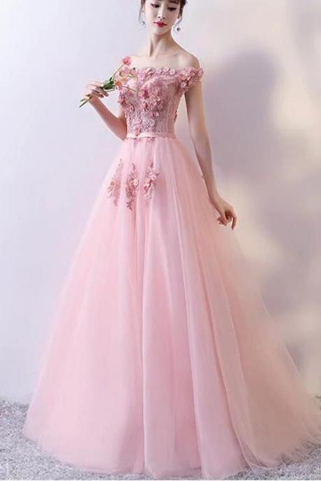 Pink Tulle Off Shoulder Flower Sweetheart Prom Dresses, Pink Party Dress N02