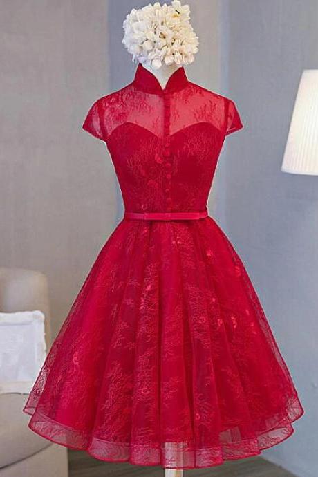 Cute Lace Short Cap Sleeves Homecoming Dress, Red Short Party Dresses N03