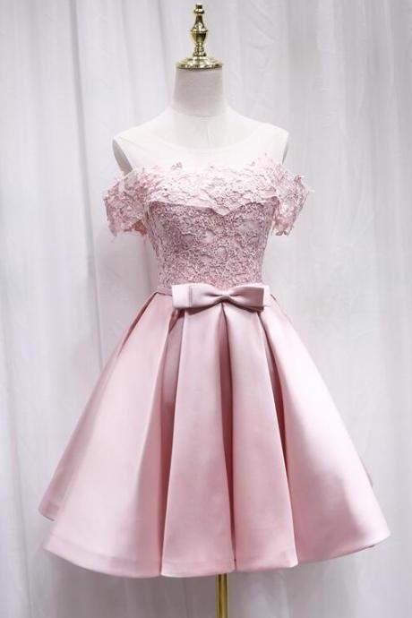 Pink Satin Off Shoulder Lace Top Homecoming Dress Pink Gradaution Dresses N06