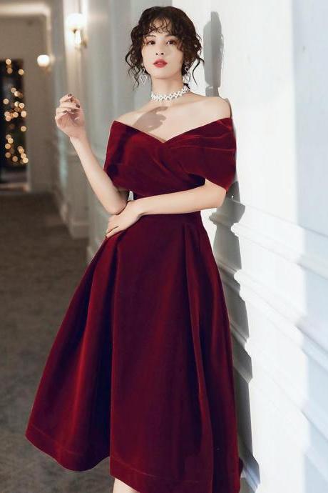 Wine Red Velvet Tea Length Homecoming Dress, Dark Red Party Dresses N07