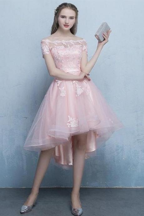 Pink Off Shoulder Tulle High Low Homecoming Dresses, Short Pink Prom Dress N08