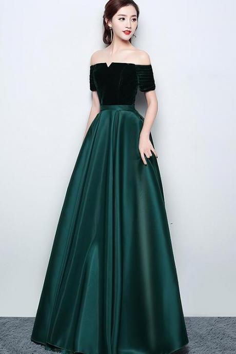 Beautiful Satin And Velvet Long Party Dress, Simple Off Shoulder Prom Dress N09